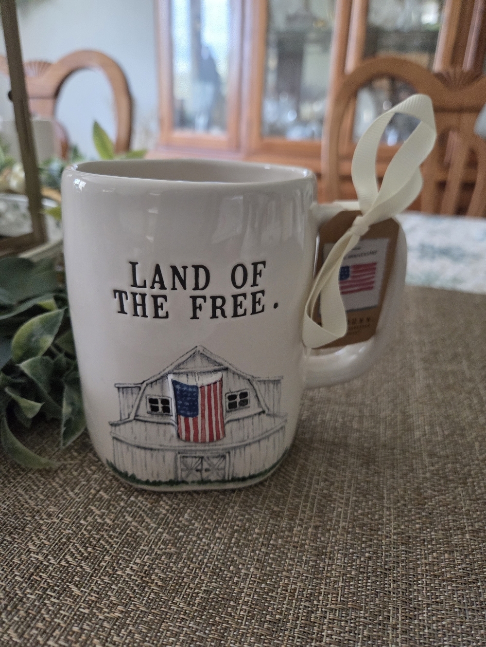 Rae Dunn White Ceramic Mug with Barn & Flag Artwork